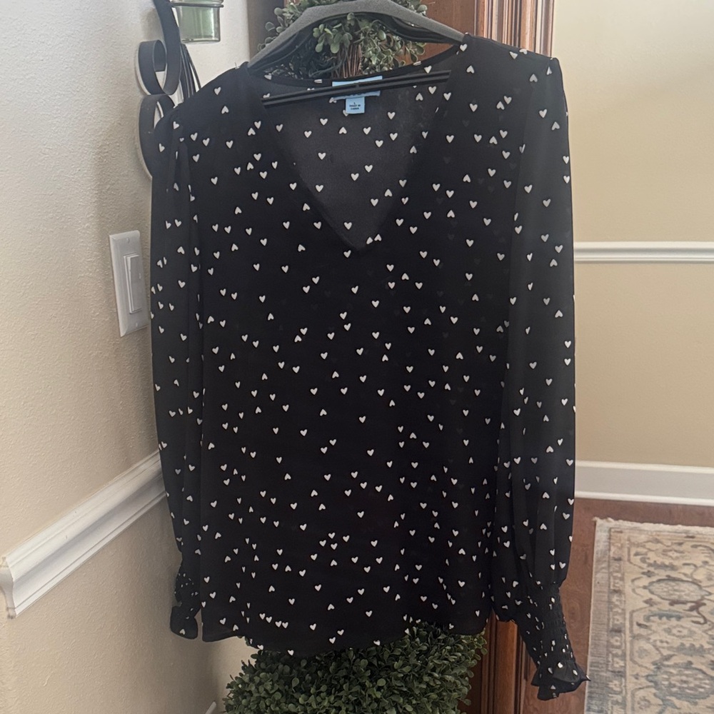 CeCe Black Blouse with White Heart Pattern